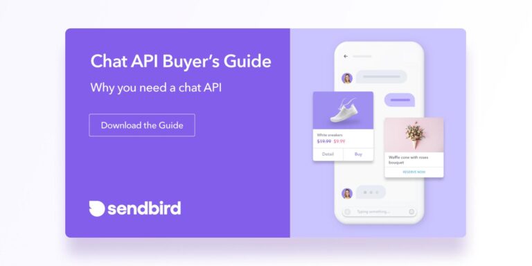 a display ad with a violet color scheme with the tagline "chat API buyer's guide: why you need a chat API" with a button reading "download the Guide" illustrated with a mockup of a smartphone showing chat bubbles and product photos, including a white sneaker and a bouquet