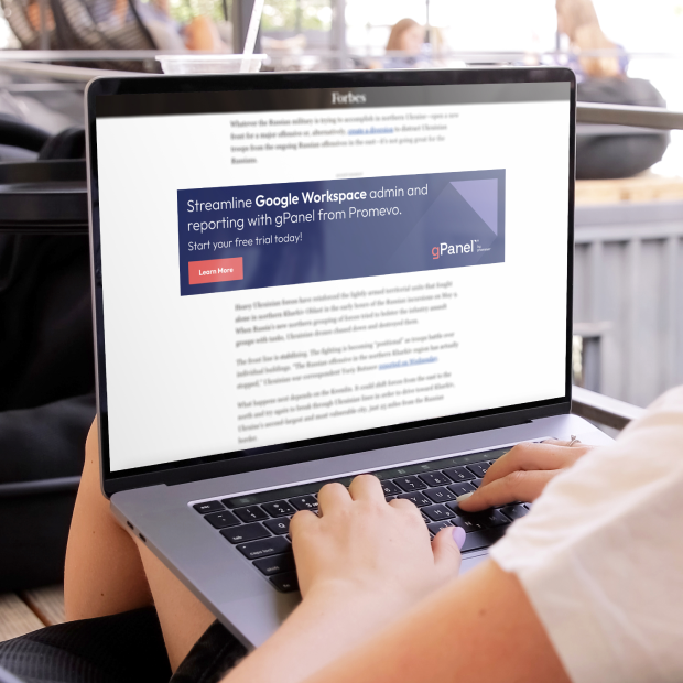 Mockup of a Promevo display ad on a webpage on a laptop, in someone's lap