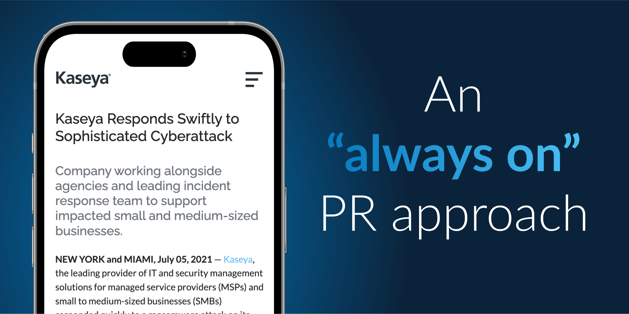 Kaseya press release mocked up on phone screen