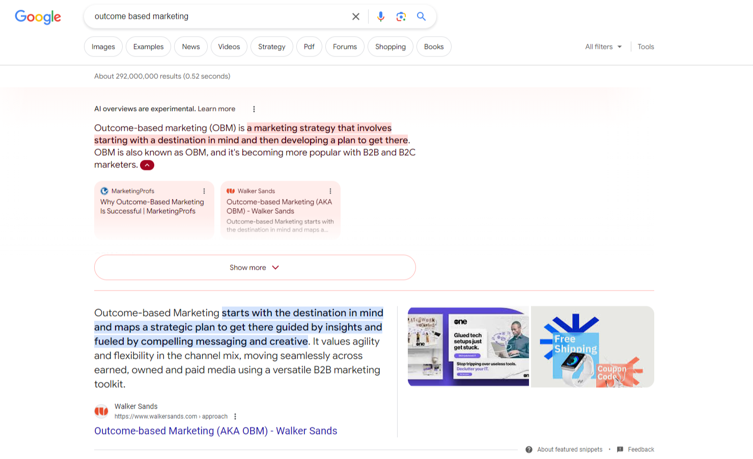 Screenshot of search engine results on google for the searchterm "outcome based marketing" which includes an AI snippet